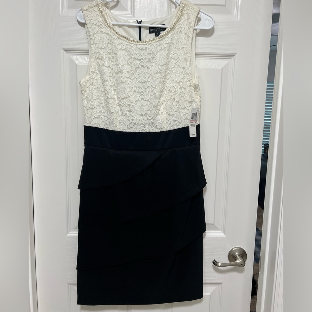 Black and White Cocktail Dress with Pearl Trim